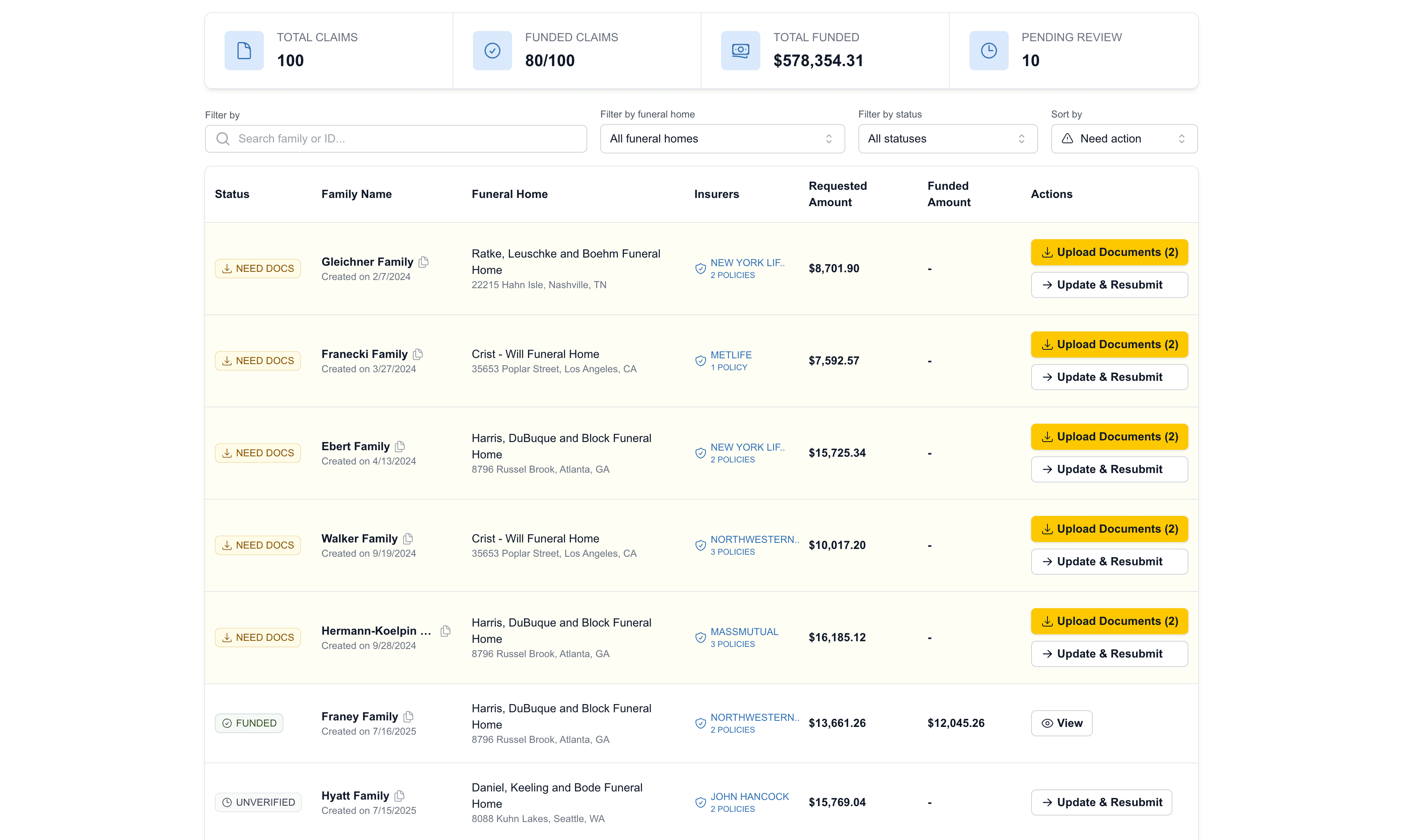 TOPTIER Connect claims list with the status of each claim
