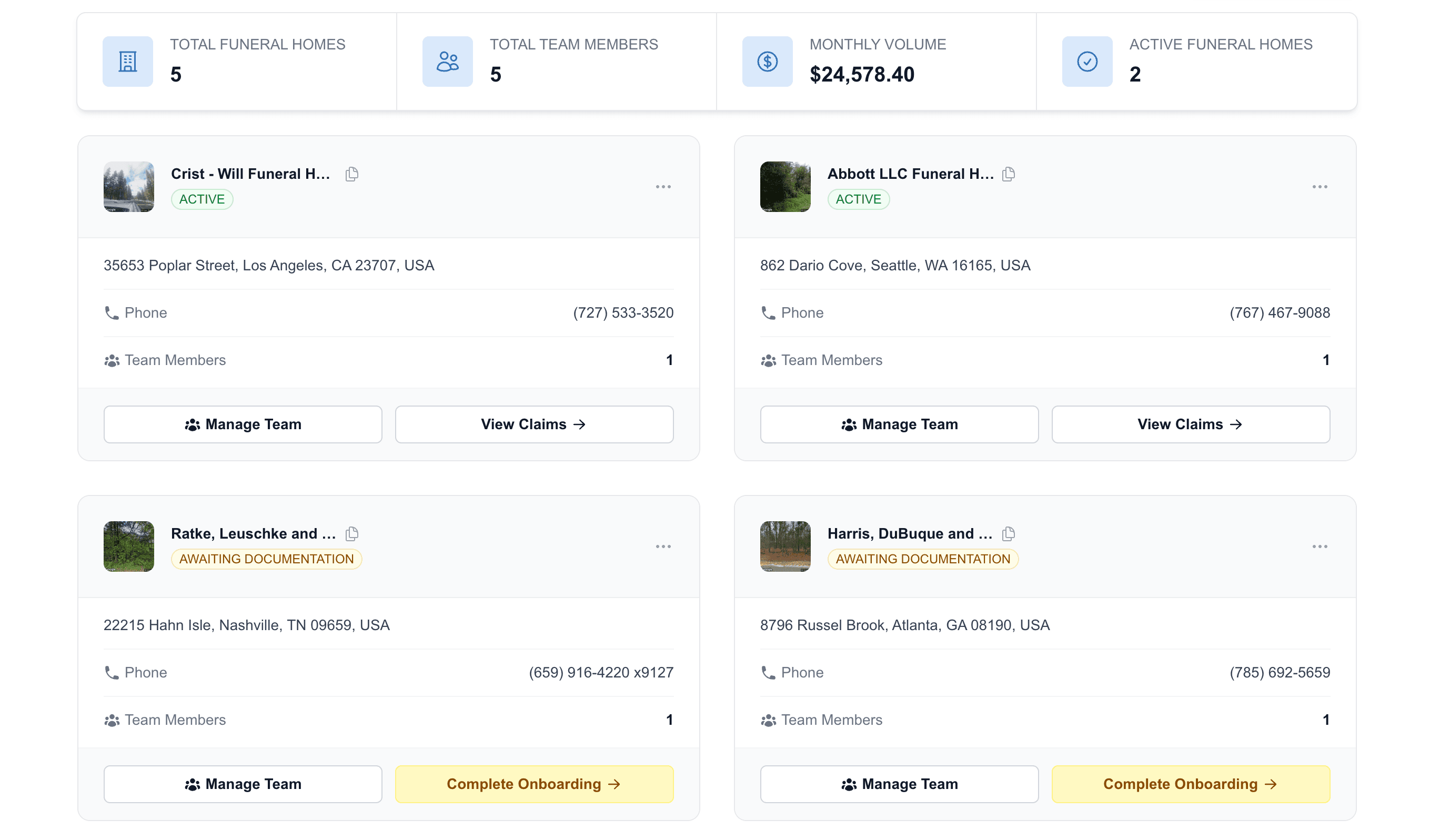 TOPTIER Connect funeral homes page listing each location with its onboarding status and team