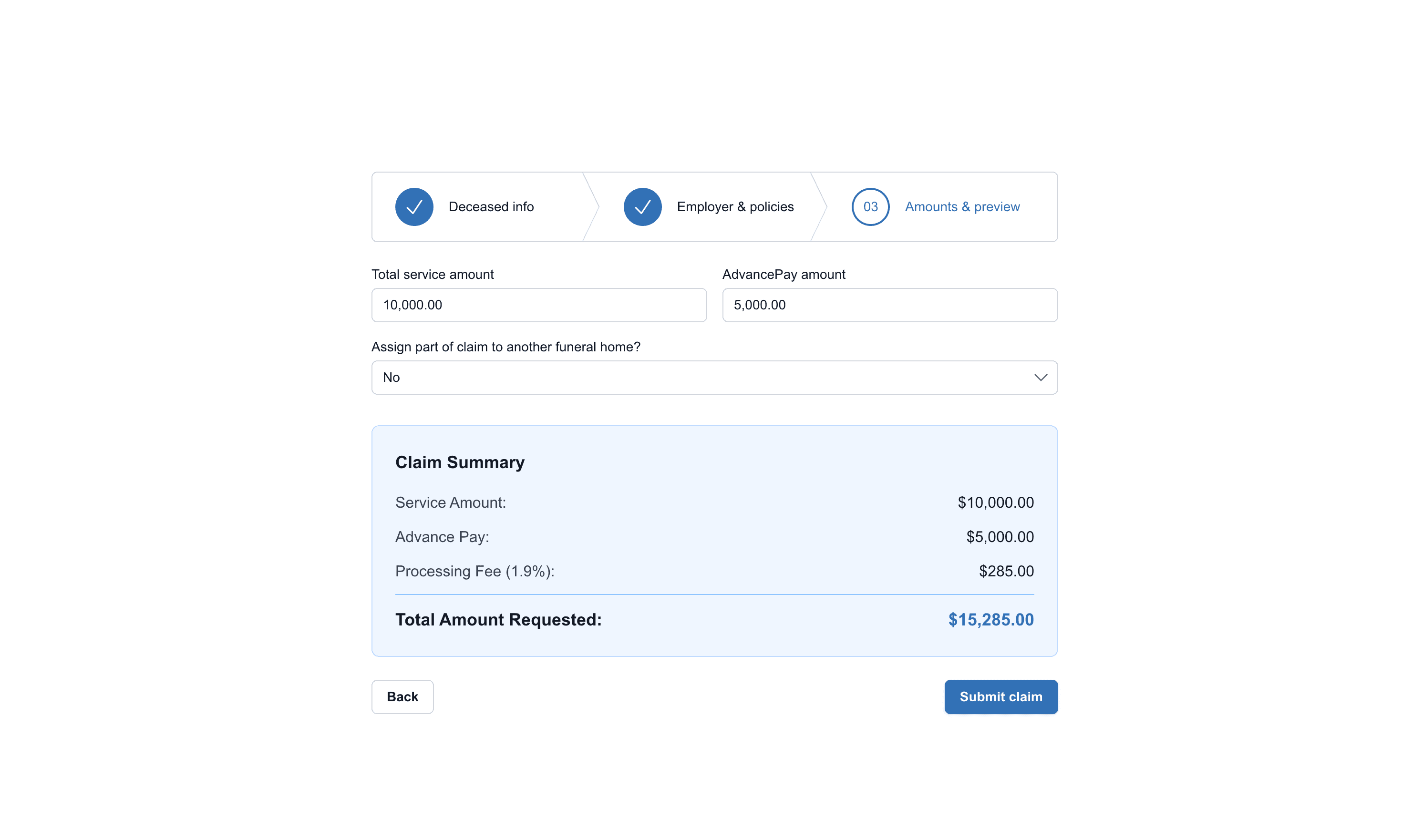 Last step of the TOPTIER Connect claim form: service amount, Advance Family Pay amount and a claim summary with the processing fee